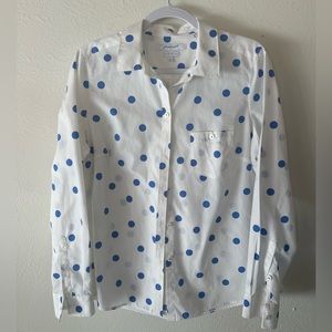 Foxcroft NYC White Button-Down Shirt with Blue Polka Dots